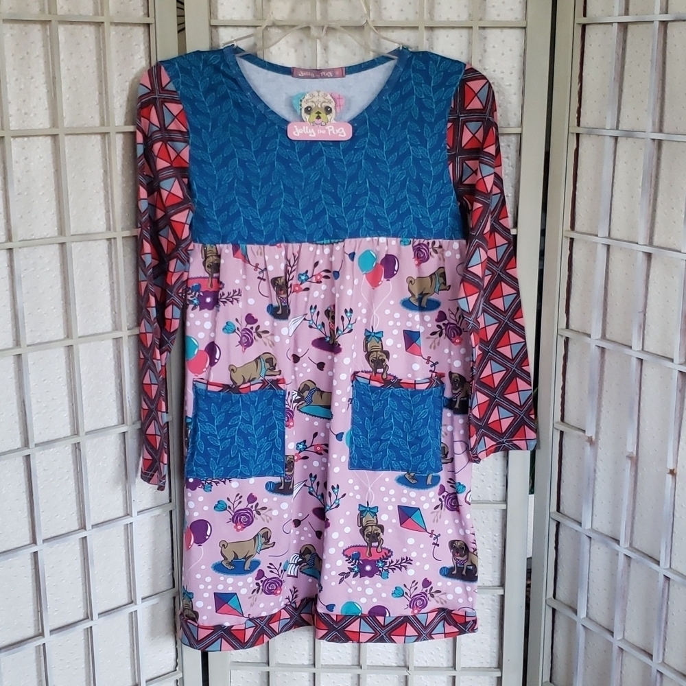 Jelly the pug long sleeve girls tunic dress with front pockets 14